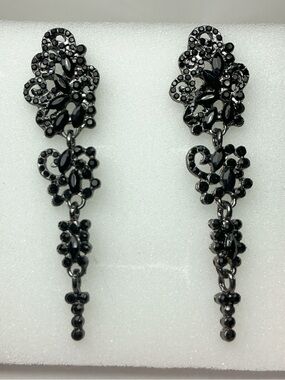 Black Crystal Chandelier Long Drop Filigree Ornate Sparkly Dangle  Earrings